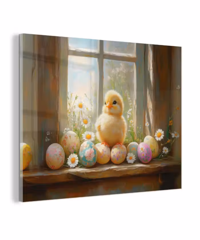 Glas schilderij - Kuiken - Raam - Paaseieren