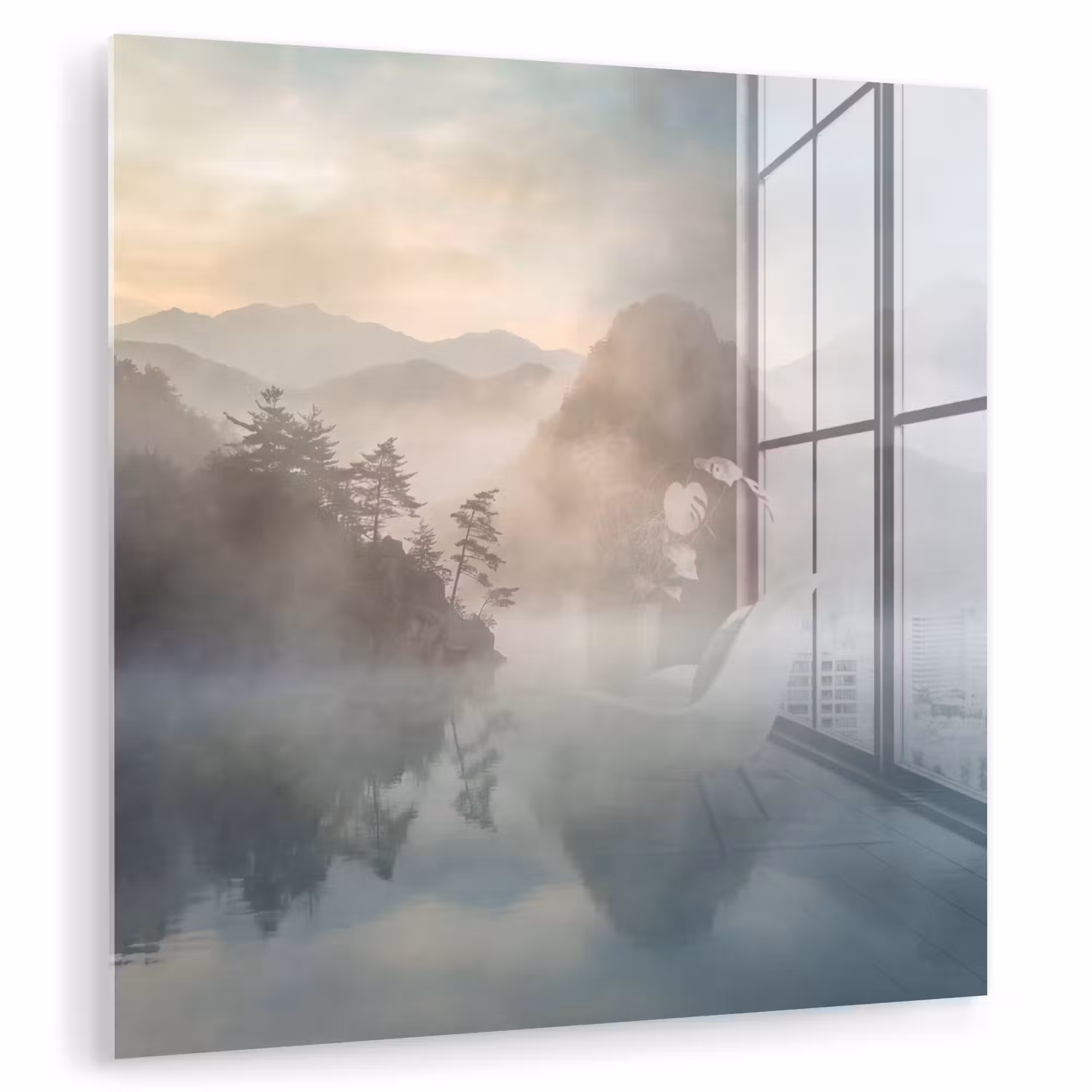 Glas schilderij - Landschap - Bergen - Mist - Water - Natuur