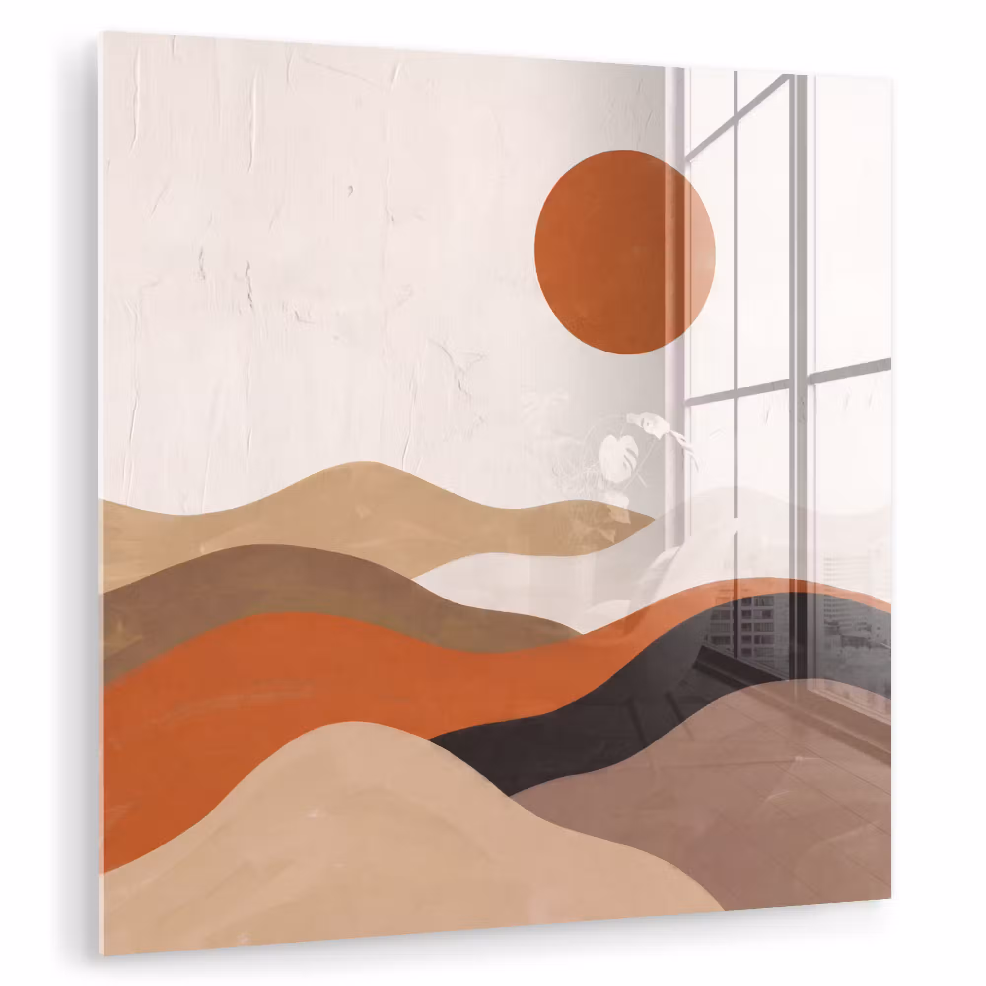Glas schilderij - Landschap - Heuvels - Zon - Abstract - Oranje