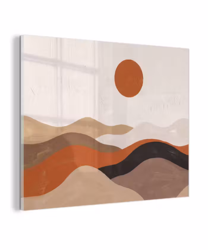 Glas schilderij - Landschap - Heuvels - Zon - Abstract - Oranje