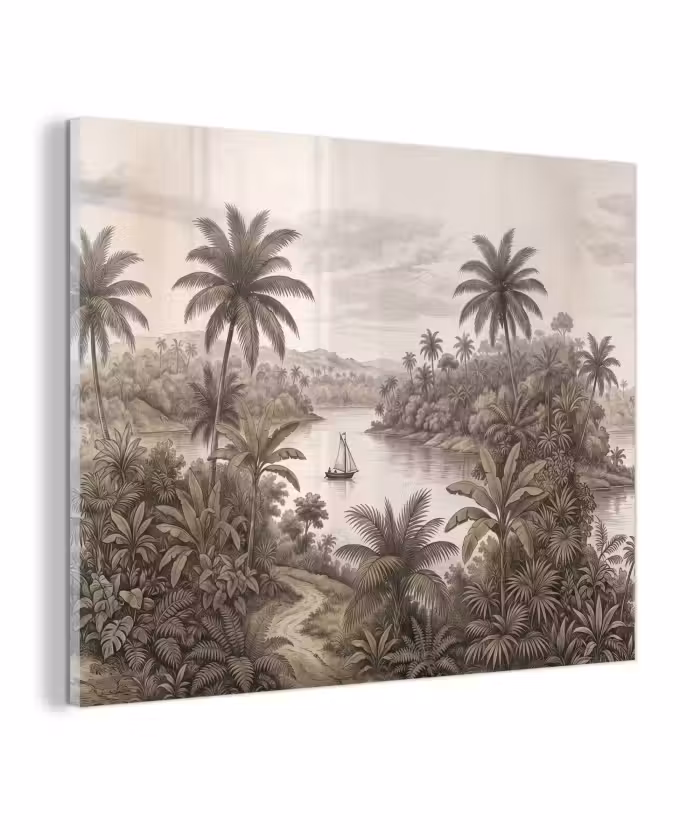 Glas schilderij - Landschap - Rivier - Boot - Tropisch - Vintage
