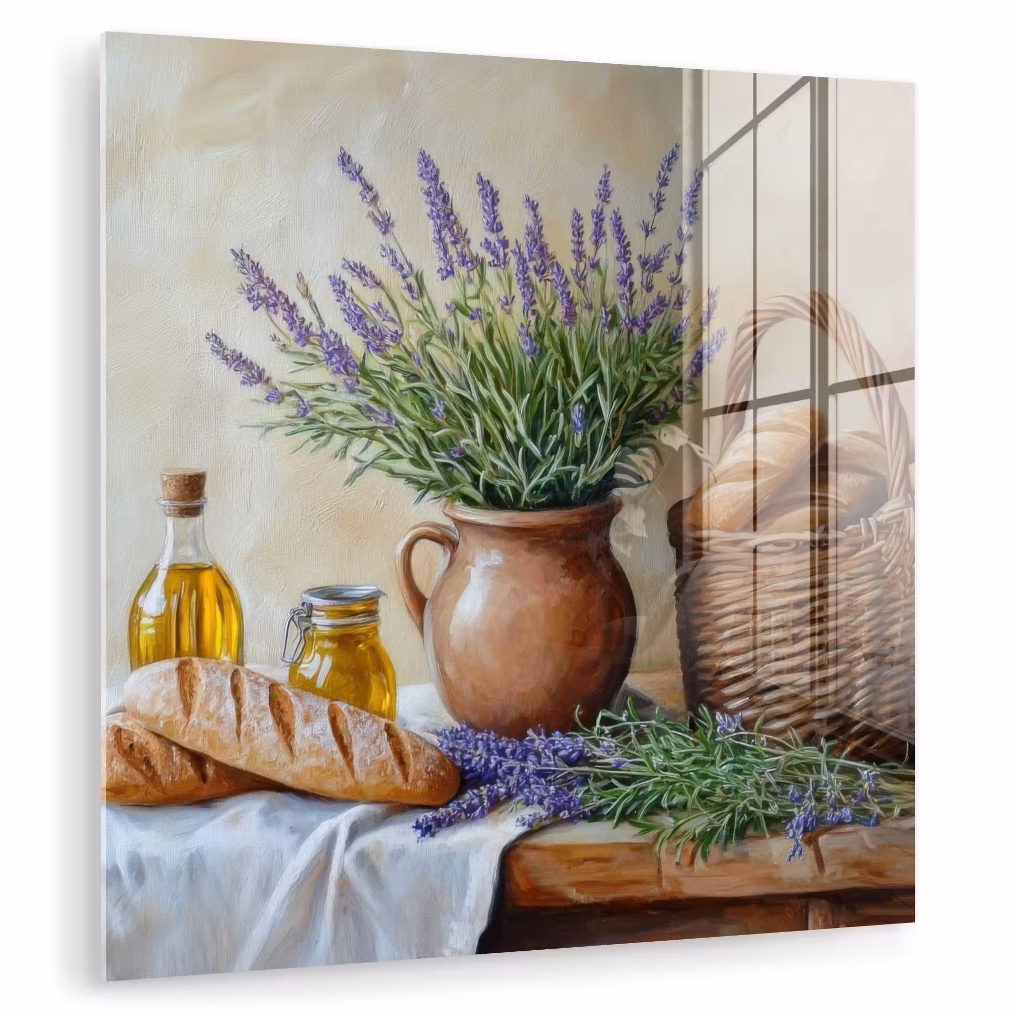 Glas schilderij - Lavendel - Brood - Stilleven