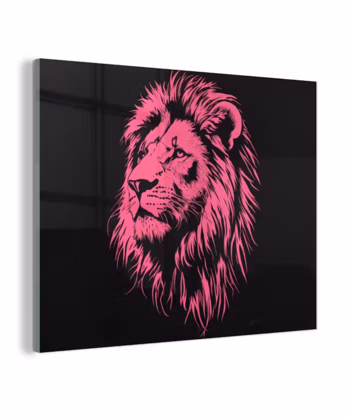 Glas schilderij - Leeuw - Zwart - Roze - Neon