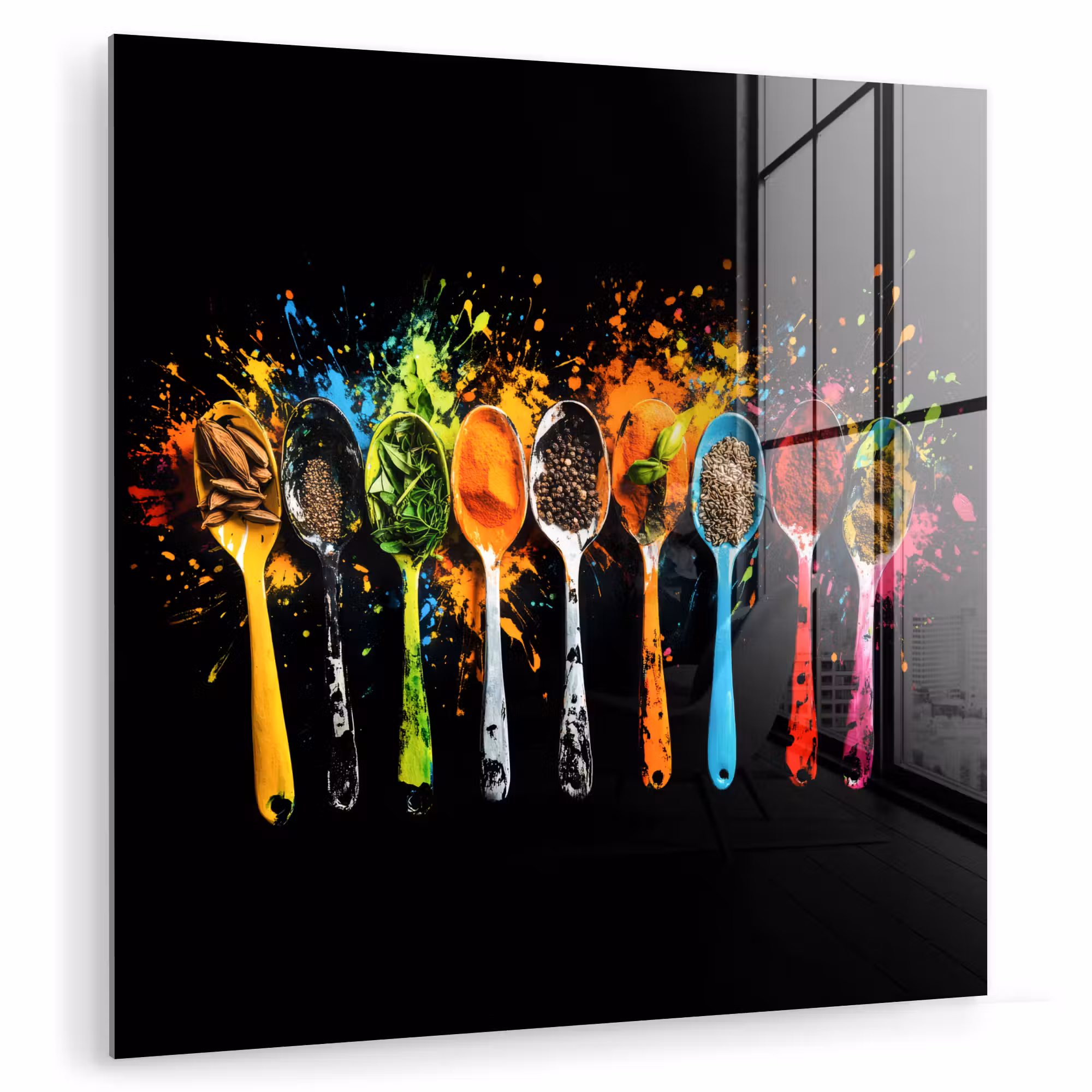 Glas schilderij - Lepels - Kruiden - Modern - Graffiti - Verf - Kleurrijk