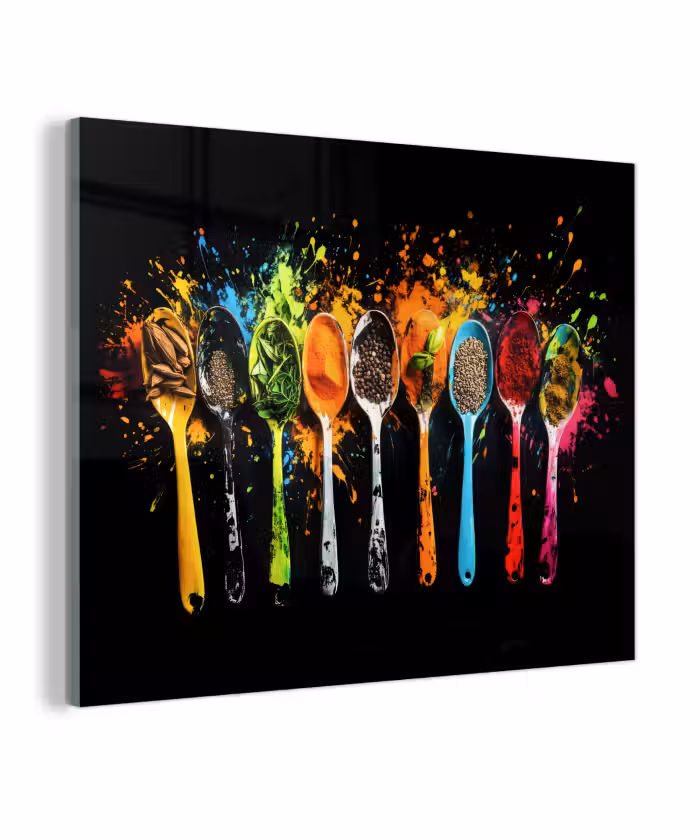Glas schilderij - Lepels - Kruiden - Modern - Graffiti - Verf - Kleurrijk