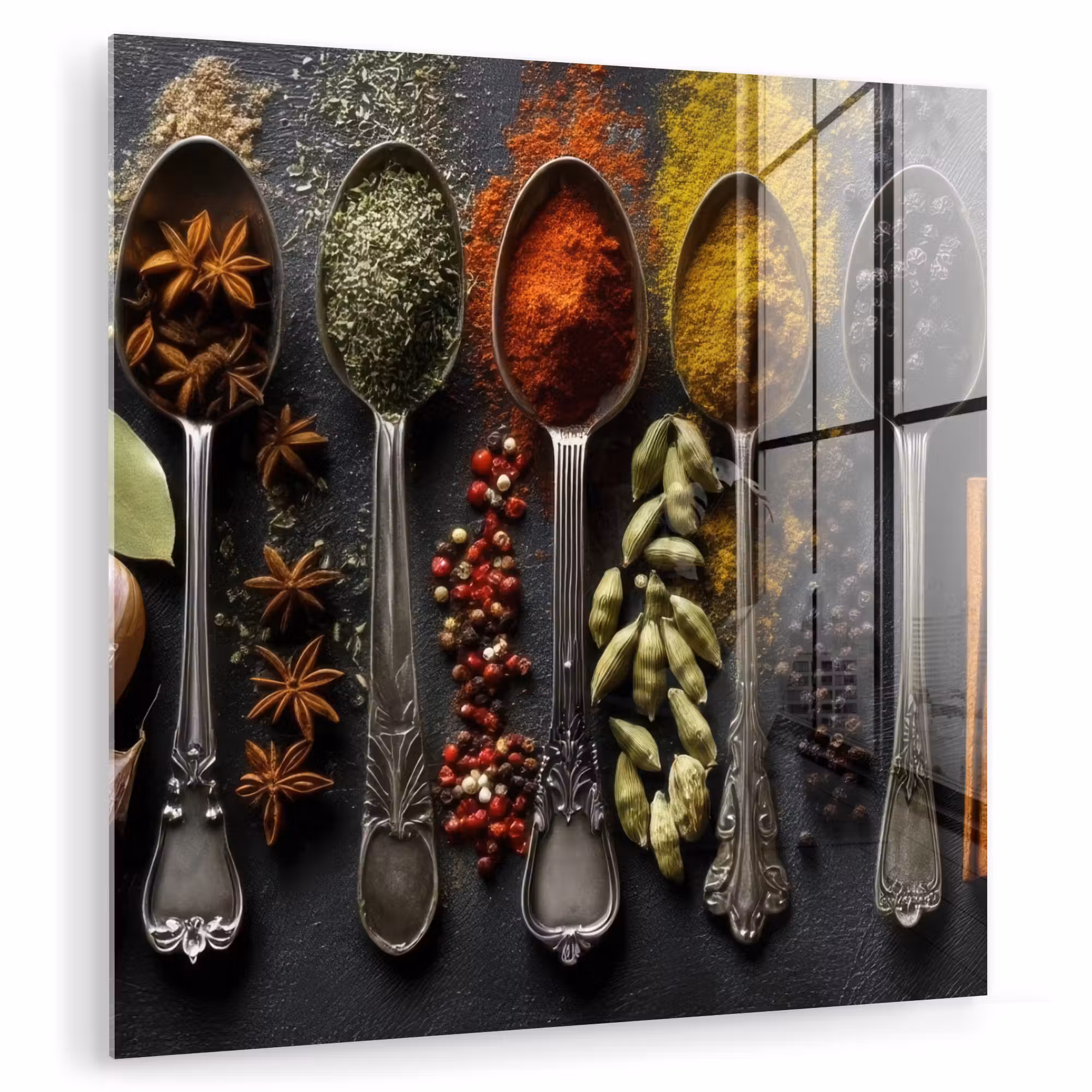 Glas schilderij - Lepels - Specerijen - Kaneel - Chili