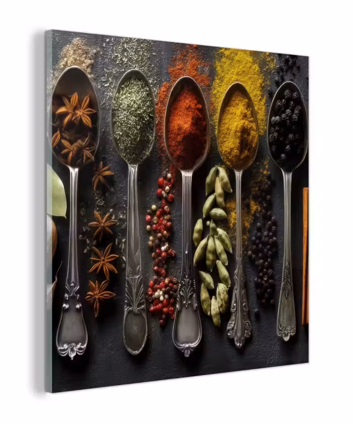 Glas schilderij - Lepels - Specerijen - Kaneel - Chili