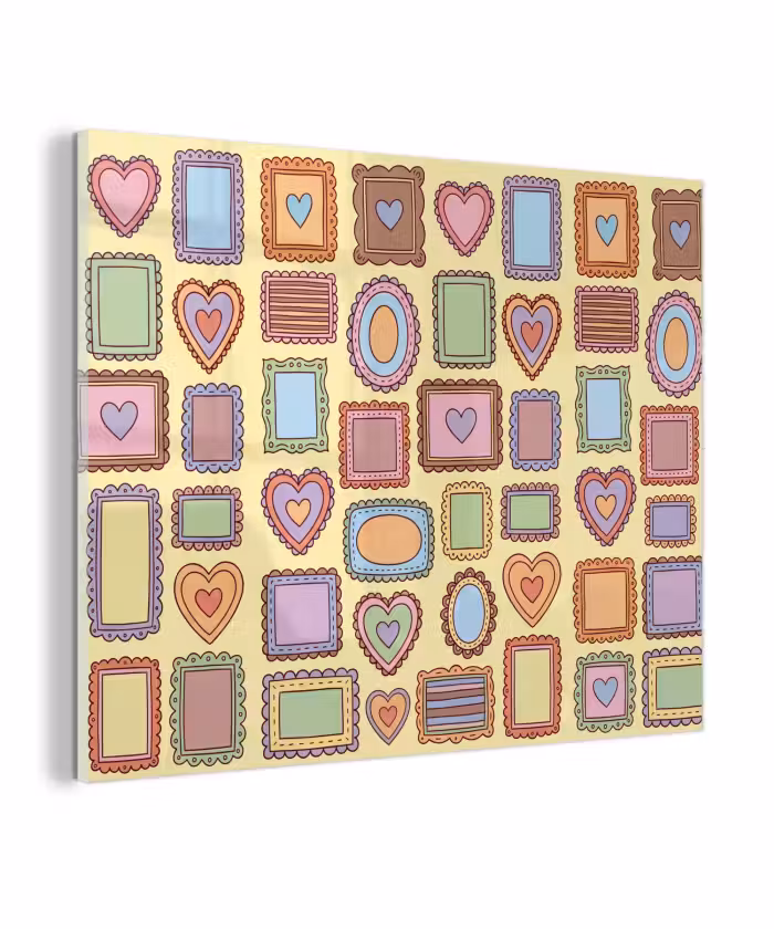 Glas schilderij - Lijst - Patroon - Hart - Speels - Kleurrijk