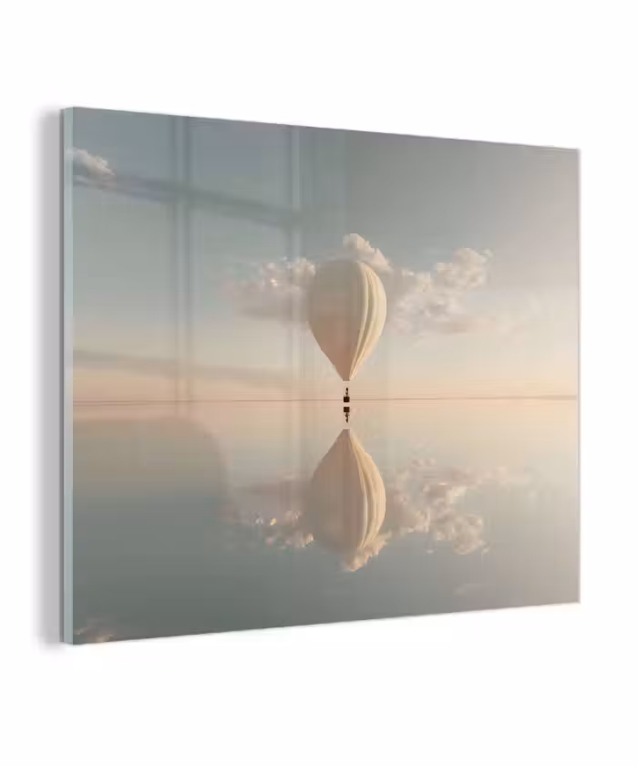 Glas schilderij - Luchtballon - Wolken - Water - Blauw