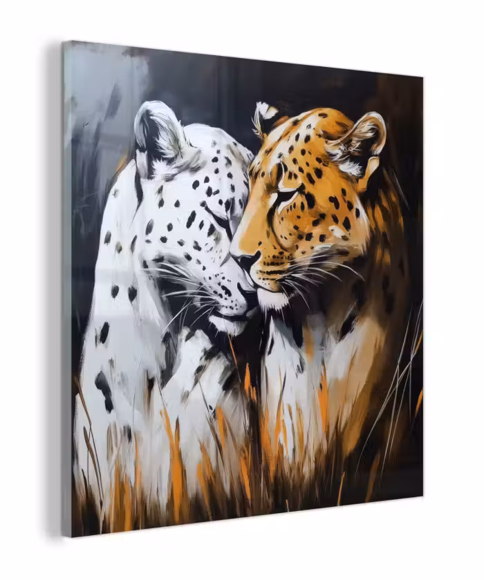 Glas schilderij - Luipaard - Oranje - Wit - Gras