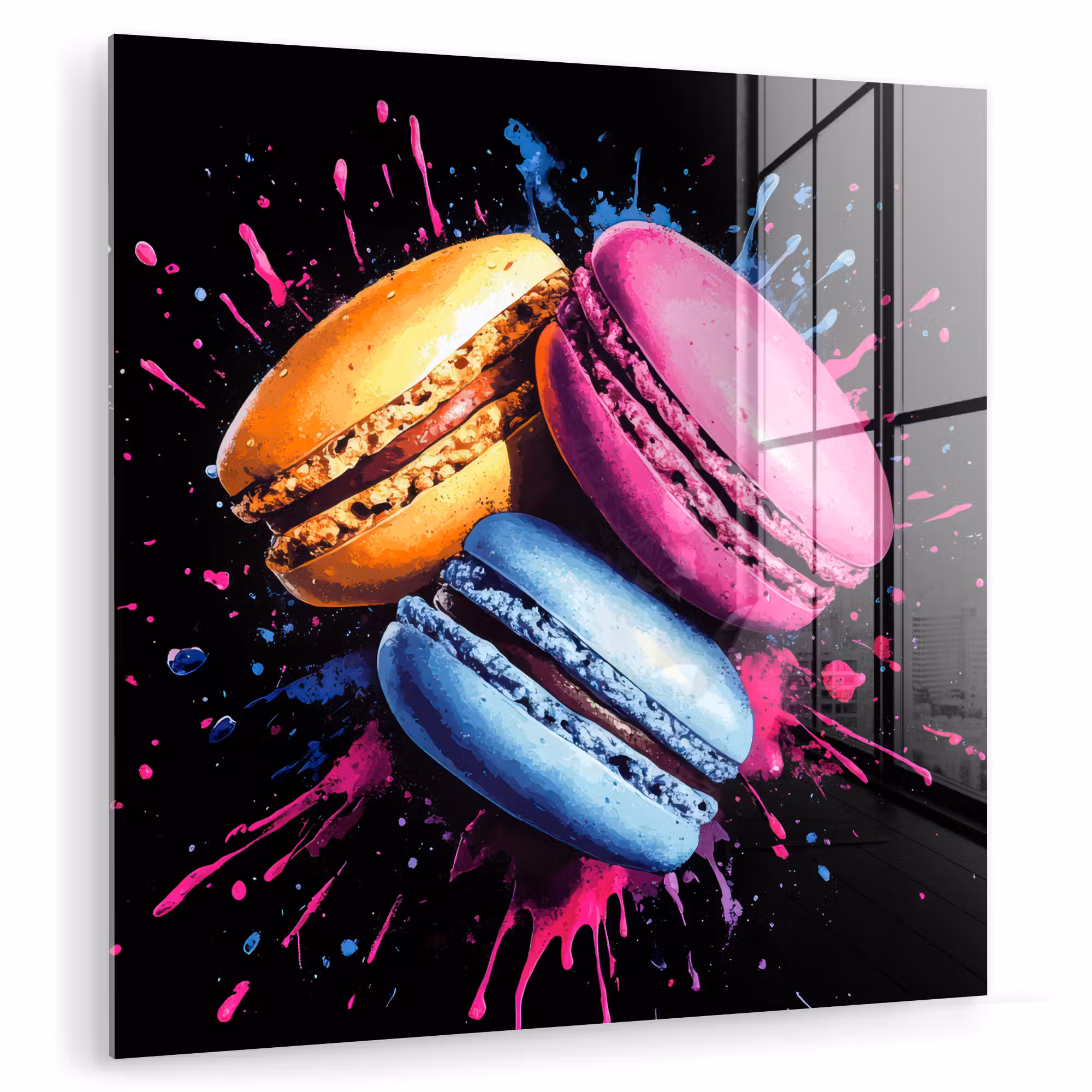 Glas schilderij - Macarons - Dessert - Graffiti - Kleurrijk - Roze - Blauw - Geel