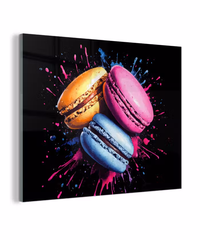 Glas schilderij - Macarons - Dessert - Graffiti - Kleurrijk - Roze - Blauw - Geel