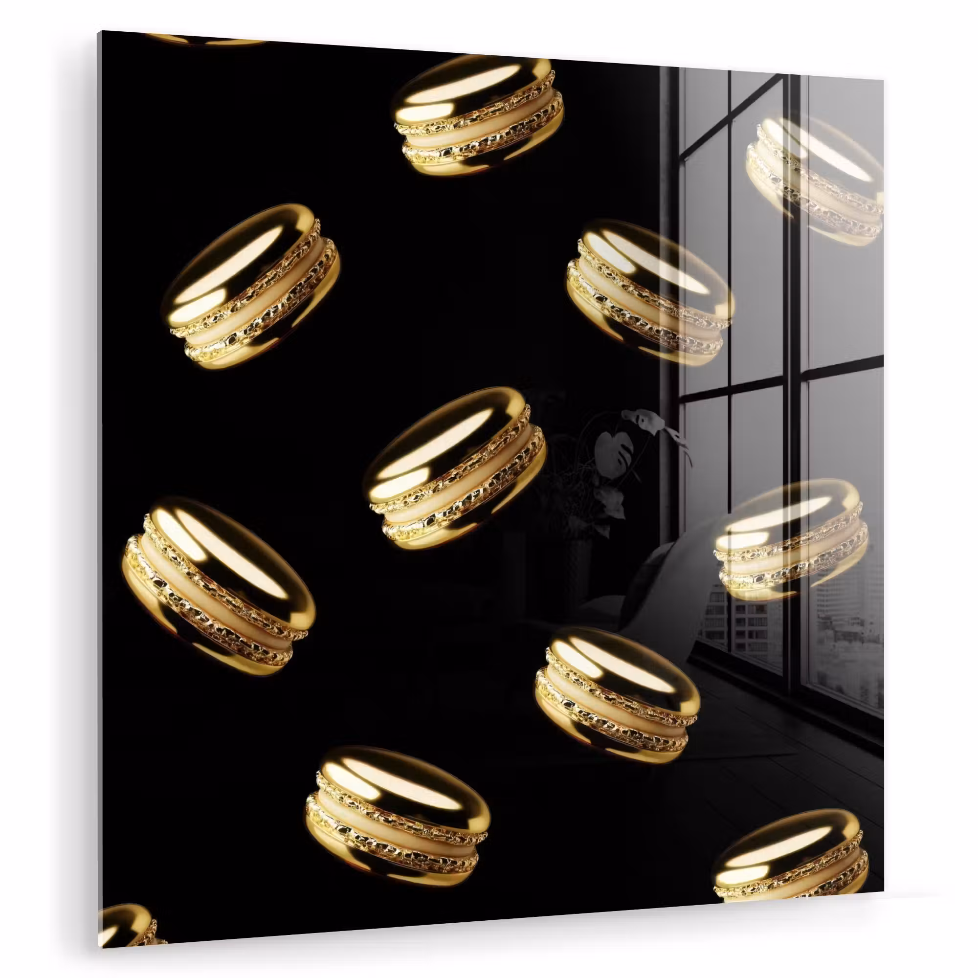 Glas schilderij - Macarons - Patroon - Goud - Zwart