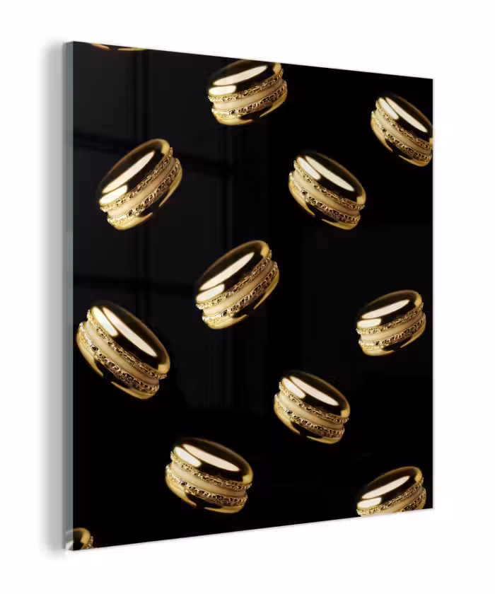Glas schilderij - Macarons - Patroon - Goud - Zwart