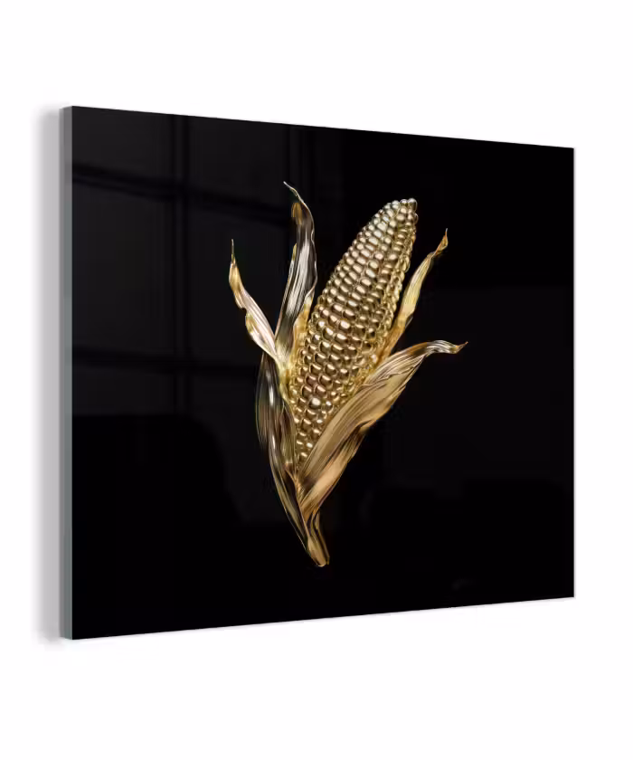 Glas schilderij - Mais - Eten - Goud - Zwart