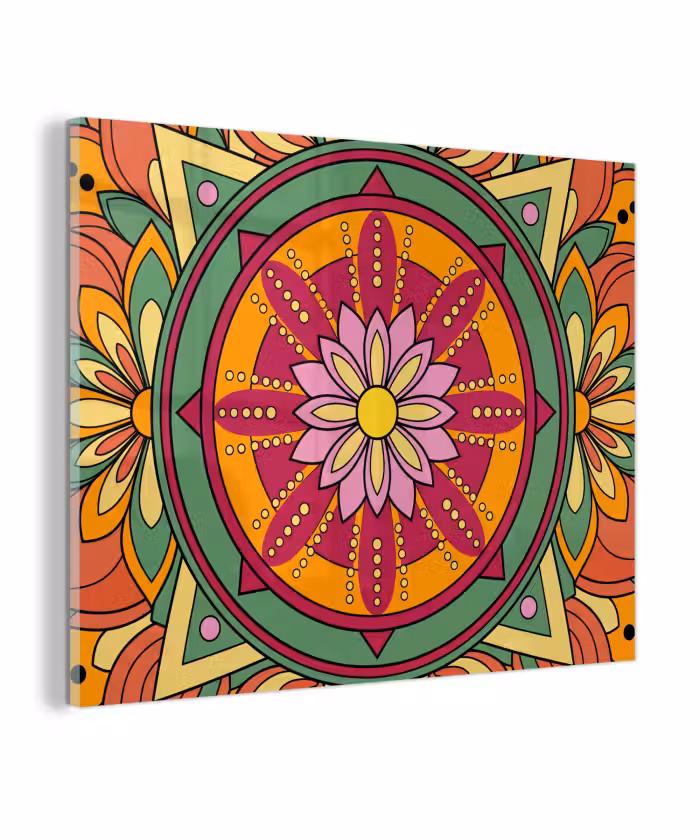 Glas schilderij - Mandala - Bloemen - Abstract - Kleurrijk