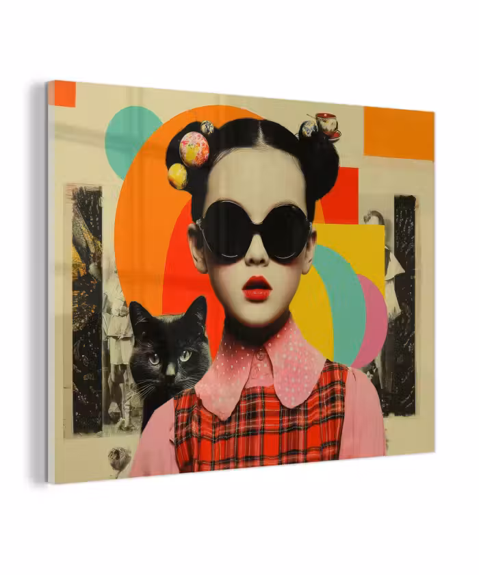 Glas schilderij - Meisje - Zonnebril - Kat - Retro