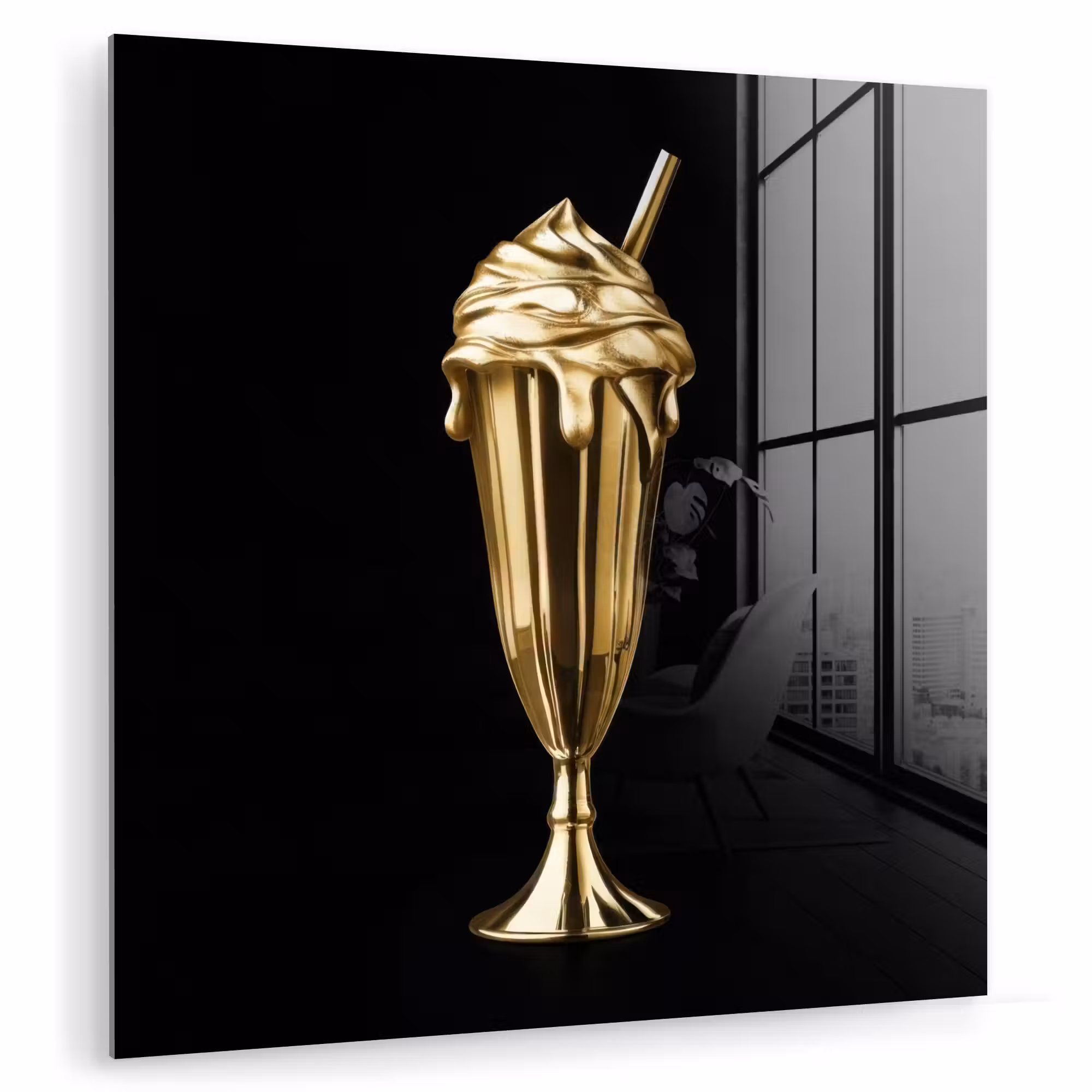 Glas schilderij - Milkshake - Goud - Drinken - Zwart