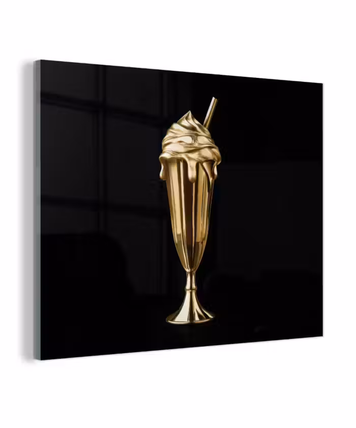 Glas schilderij - Milkshake - Goud - Drinken - Zwart