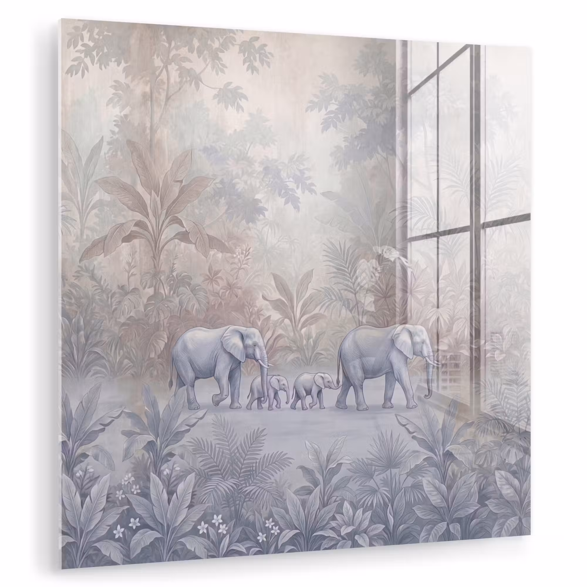 Glas schilderij - Olifant - Familie - Jungle - Illustratie - Grijs