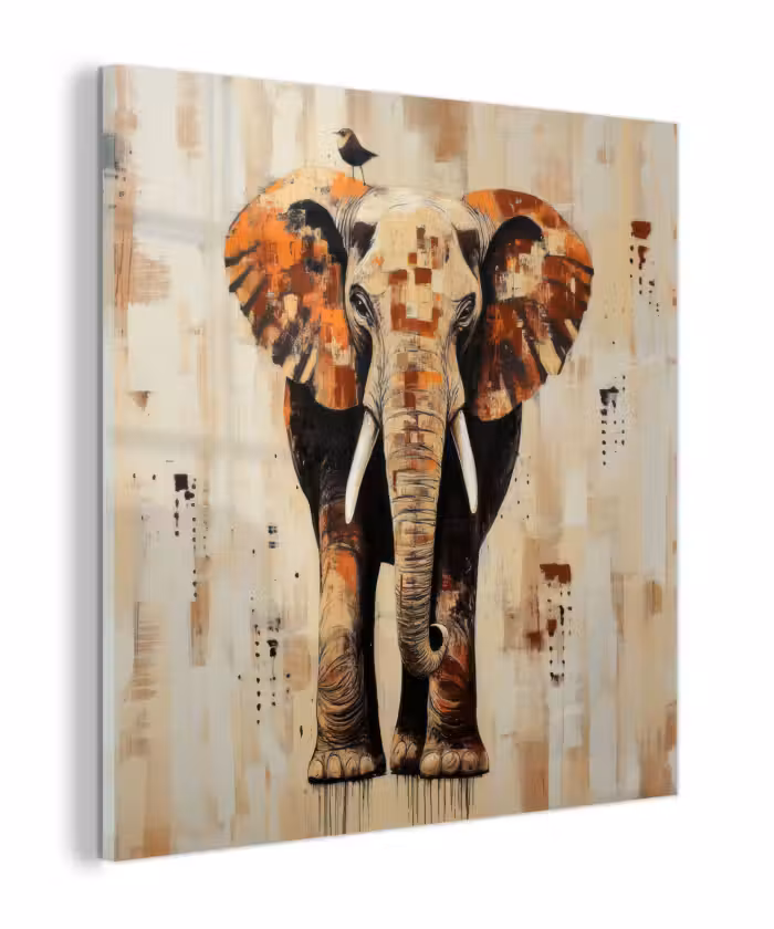 Glas schilderij - Olifant - Slurf - Mozaïek - Abstract