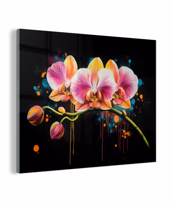 Glas schilderij - Orchidee - Graffiti - Kleurrijk - Bloemen - Abstract