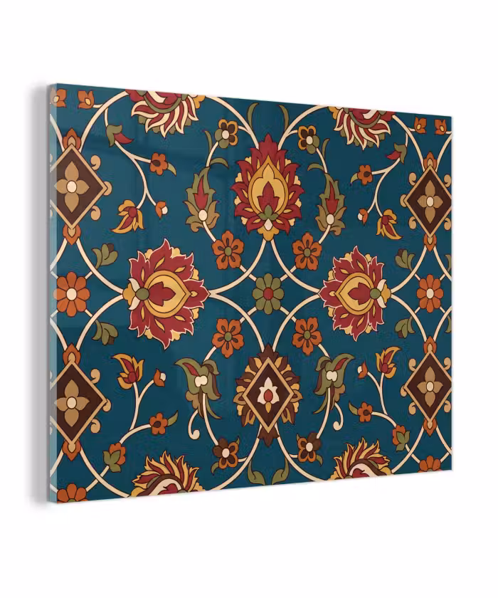 Glas schilderij - Ornament - Flora - Traditioneel - Klassiek - Blauwgroen