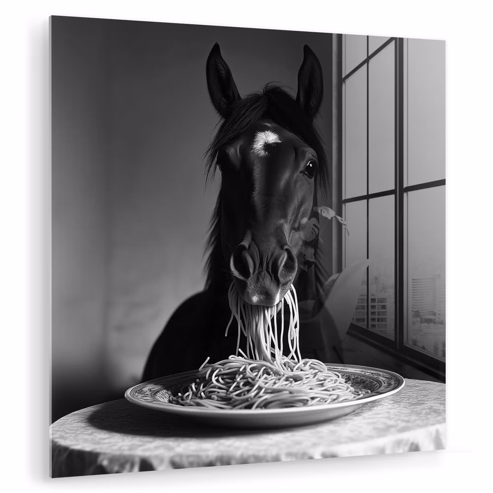 Glas schilderij - Paard - Bord - Pasta - Tafelkleed - Zwart Wit - Dieren
