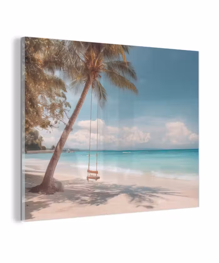 Glas schilderij - Palmboom - Schommel - Strand - Lucht