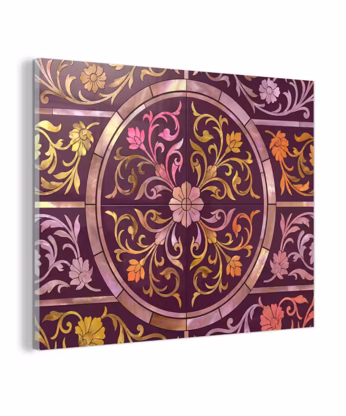 Glas schilderij - Patroon - Floraal - Oosters - Paars - Goud