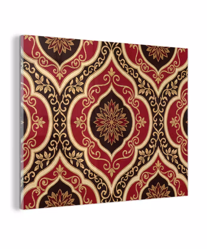Glas schilderij - Patroon - Ornament - Barok - Rood - Goud