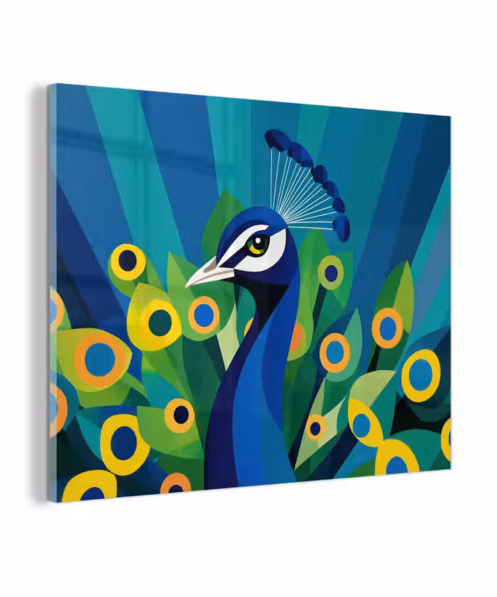 Glas schilderij - Pauw - Cirkels - Blauw