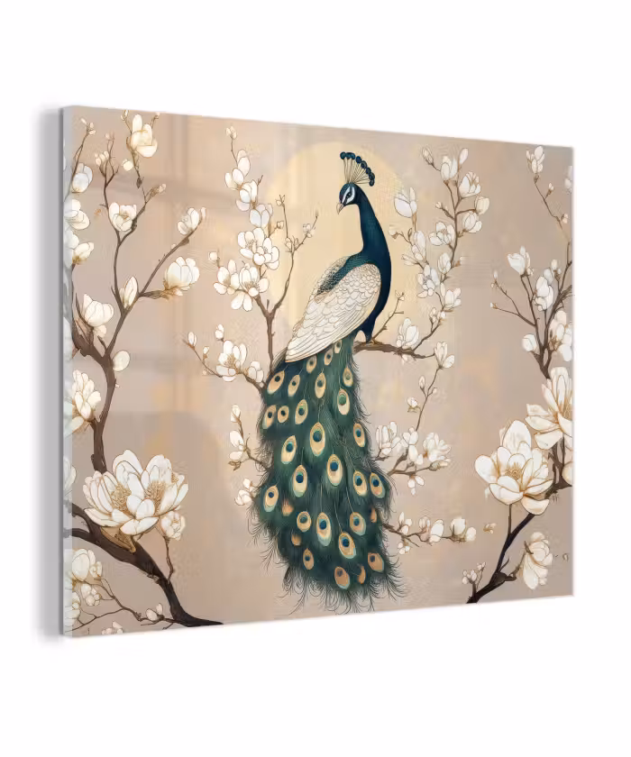 Glas schilderij - Pauw - Tak - Bloemen