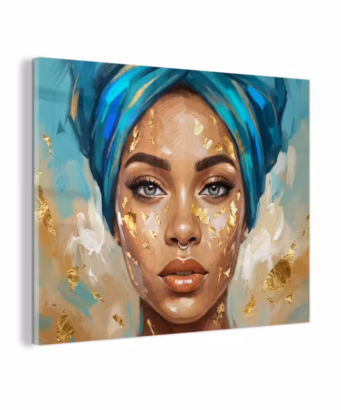 Glas schilderij - Portret - Vrouw - Schilderij - Blauw - Goud - Expressief