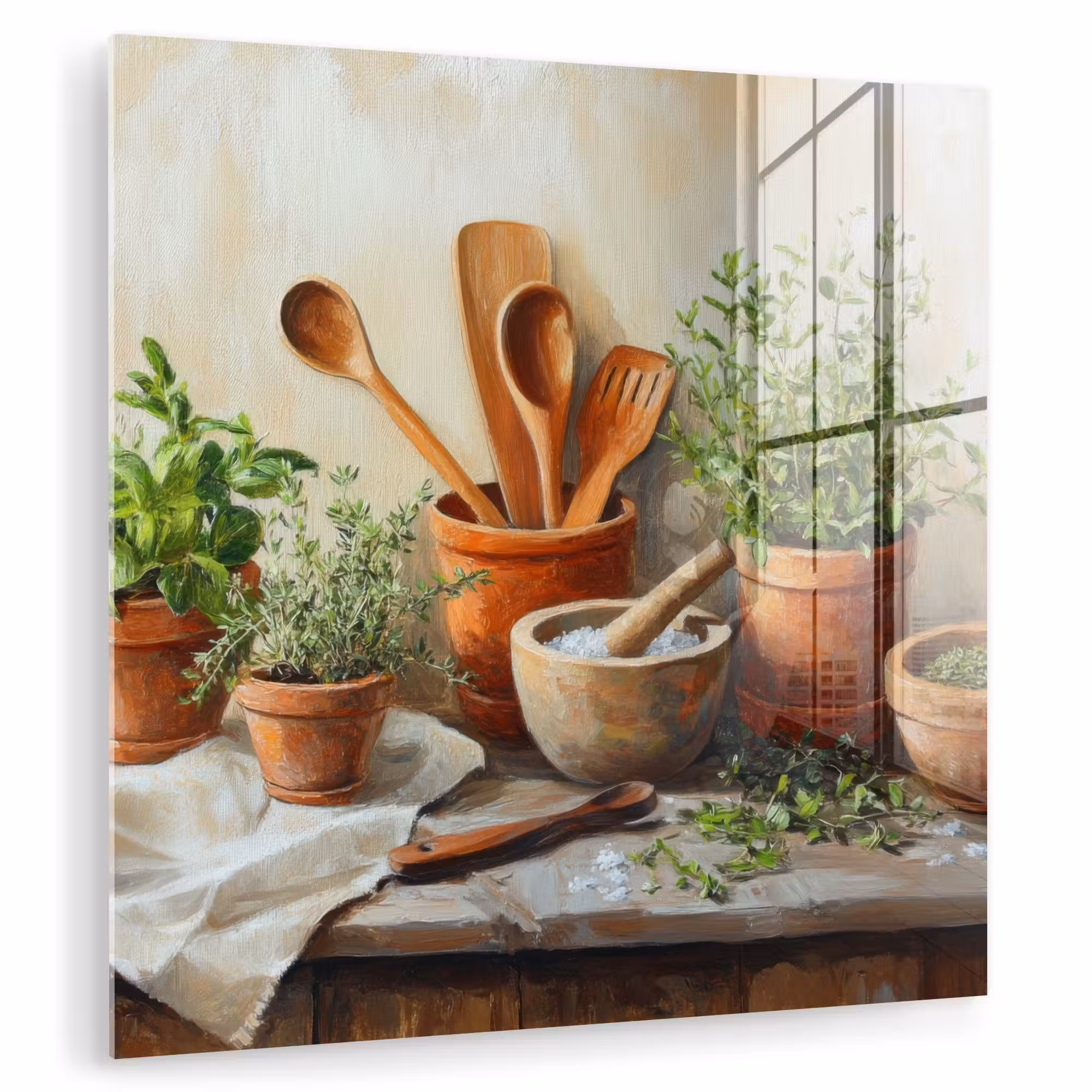 Glas schilderij - Potten - Kruiden - Hout