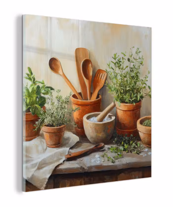 Glas schilderij - Potten - Kruiden - Hout