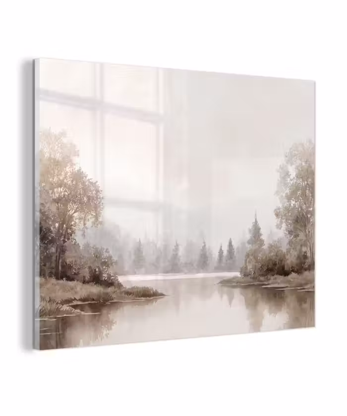 Glas schilderij - Rivierlandschap - Minimalistisch - Aardetinten