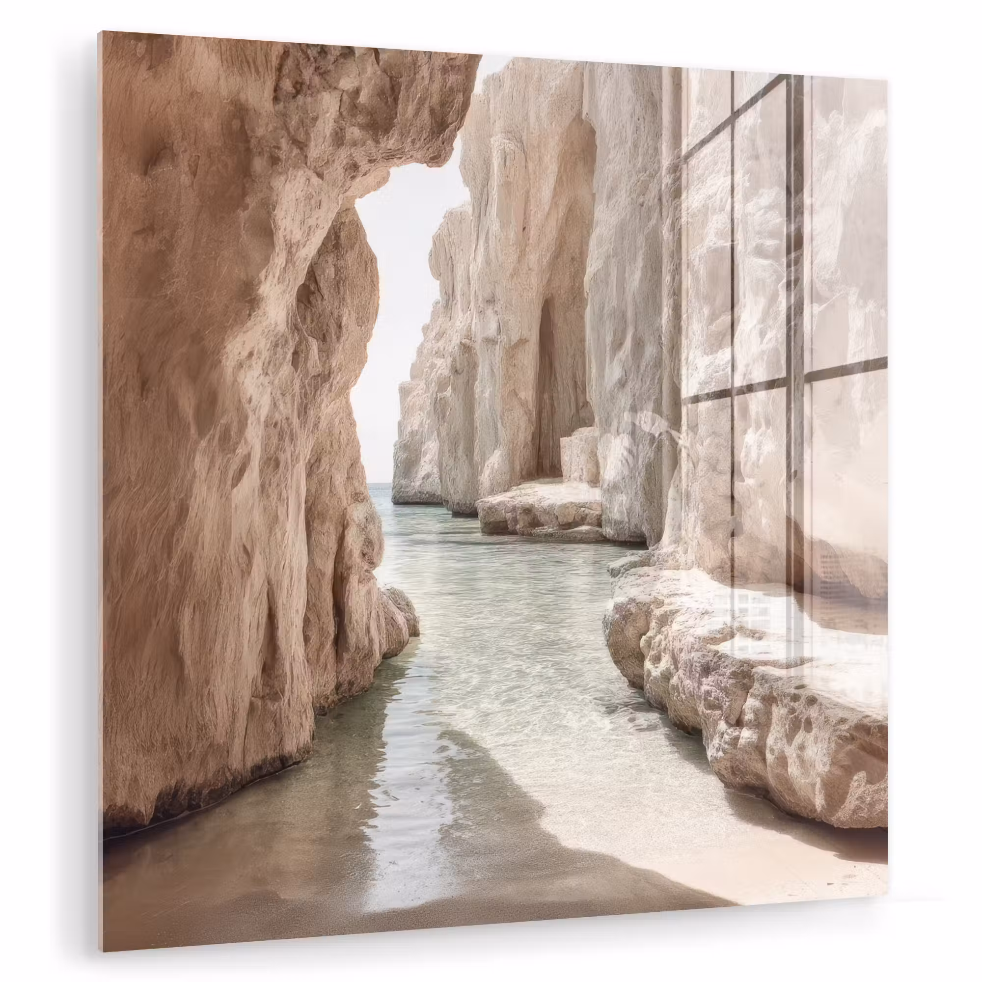 Glas schilderij - Rotsen - Zee - Zand - Kloof