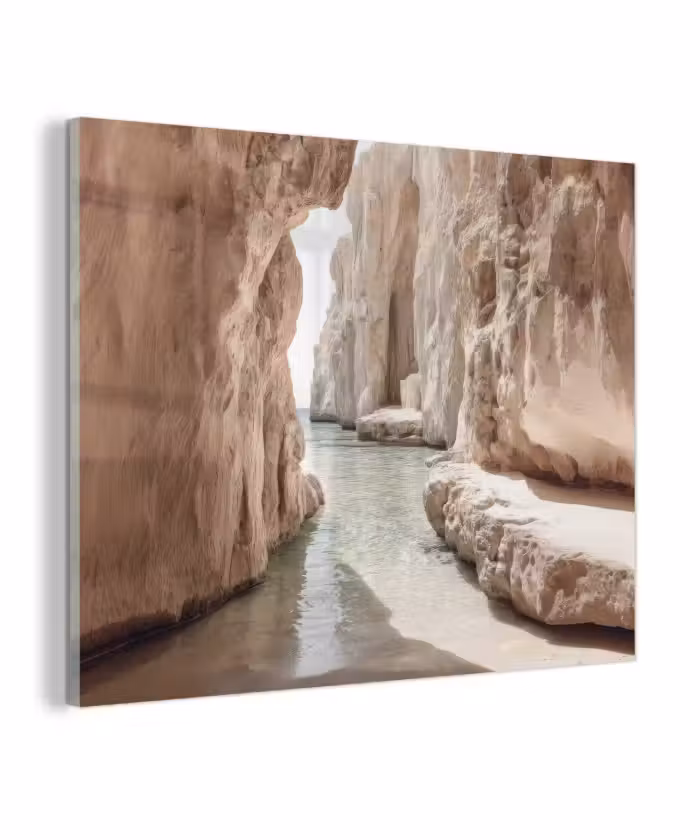 Glas schilderij - Rotsen - Zee - Zand - Kloof