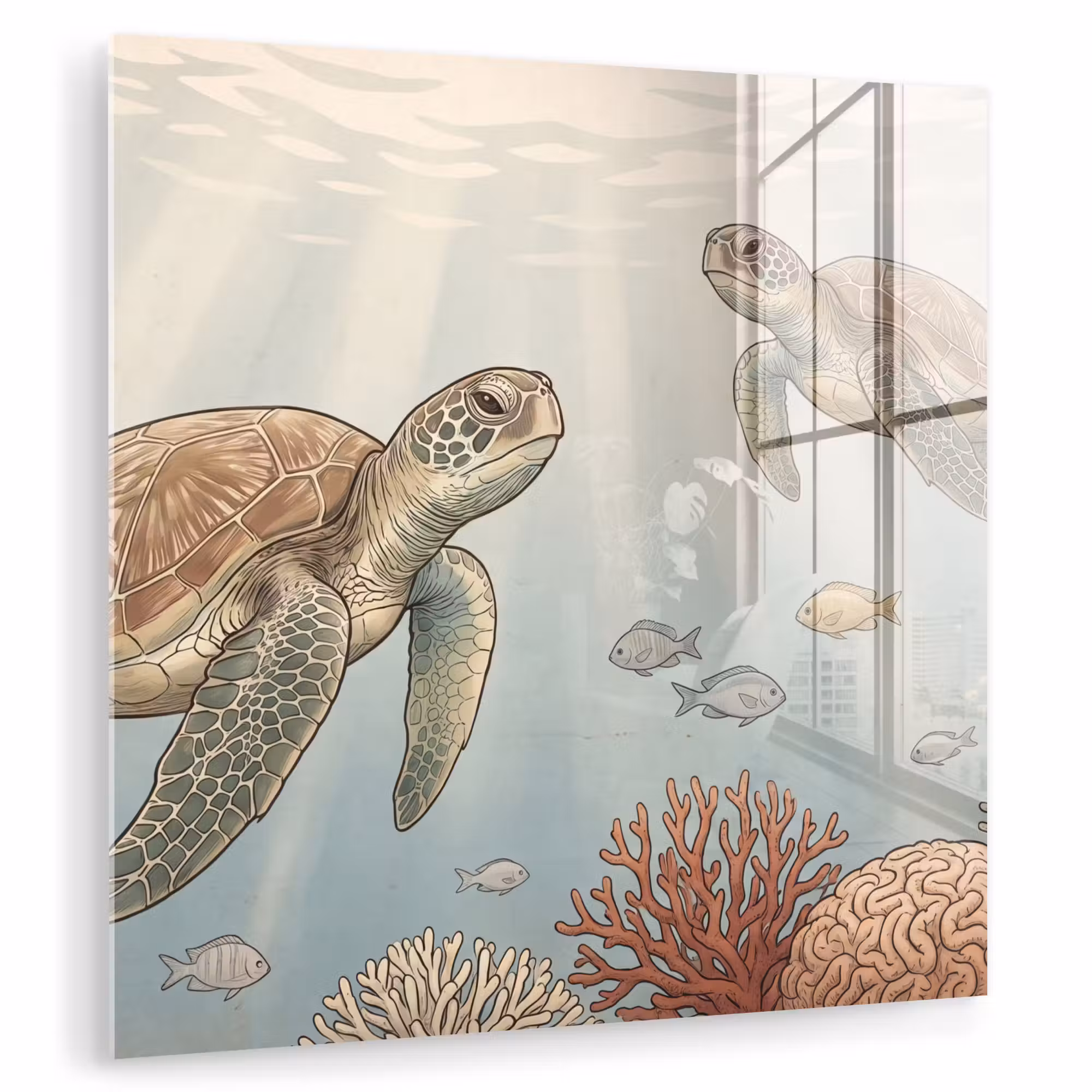 Glas schilderij - Schildpad - Onderwater - Natuur - Illustratie