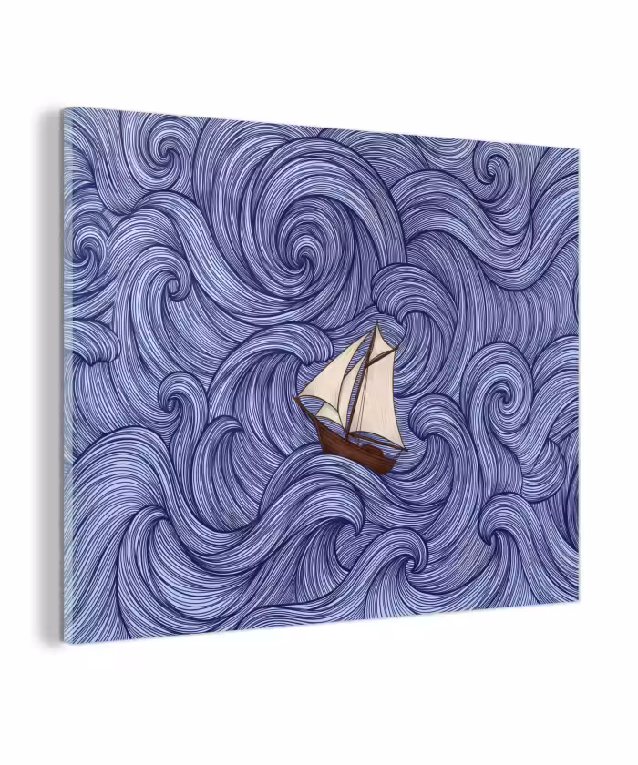 Glas schilderij - Schip - Golven - Zee - Illustratie - Blauw