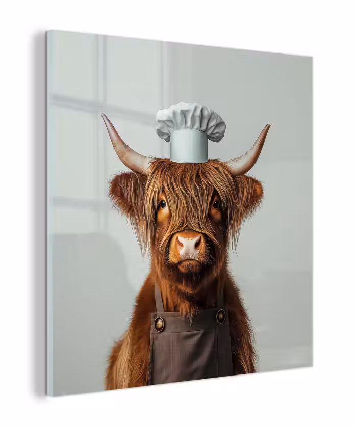 Glas schilderij - Schotse Hooglander - Bruin - Hoorns - Kokskleding