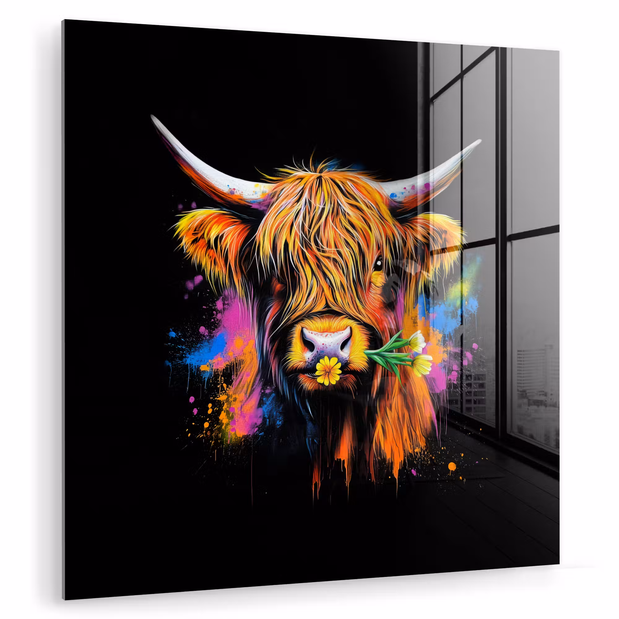 Glas schilderij - Schotse Hooglander - Graffiti - Kleurrijk - Bloem - Dieren