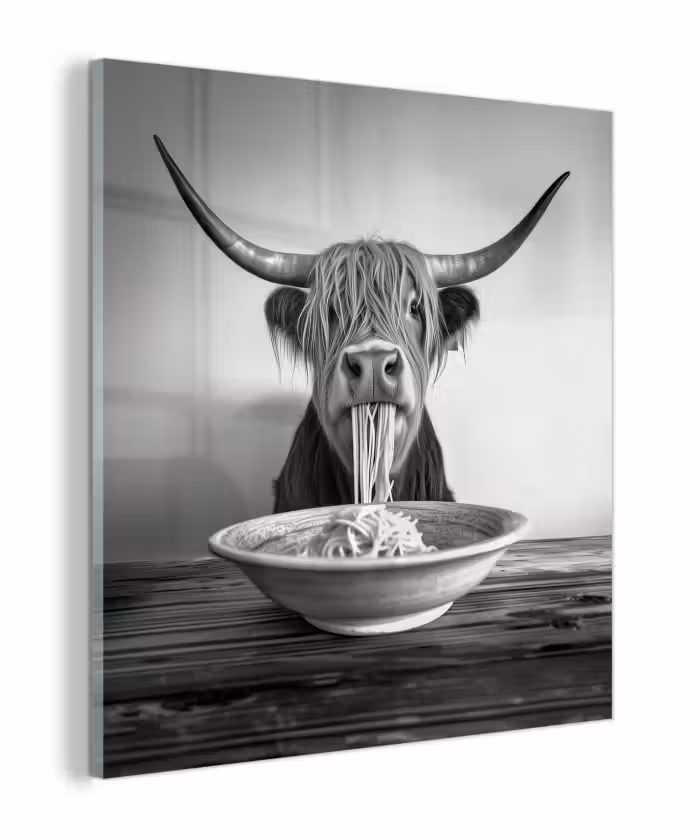 Glas schilderij - Schotse Hooglander - Spaghetti - Dieren - Zwart wit