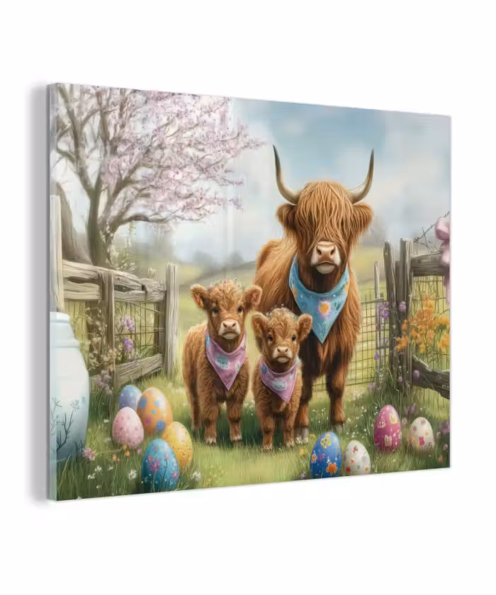 Glas schilderij - Schotsehooglanders - Paaseieren - Lente