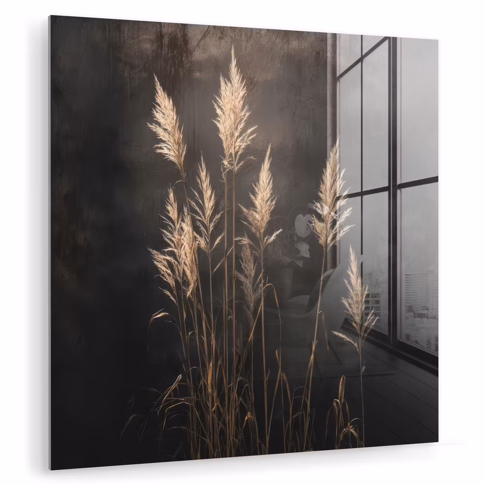 Glas schilderij - Siergras - Pluimen - Verlichting - Zwart