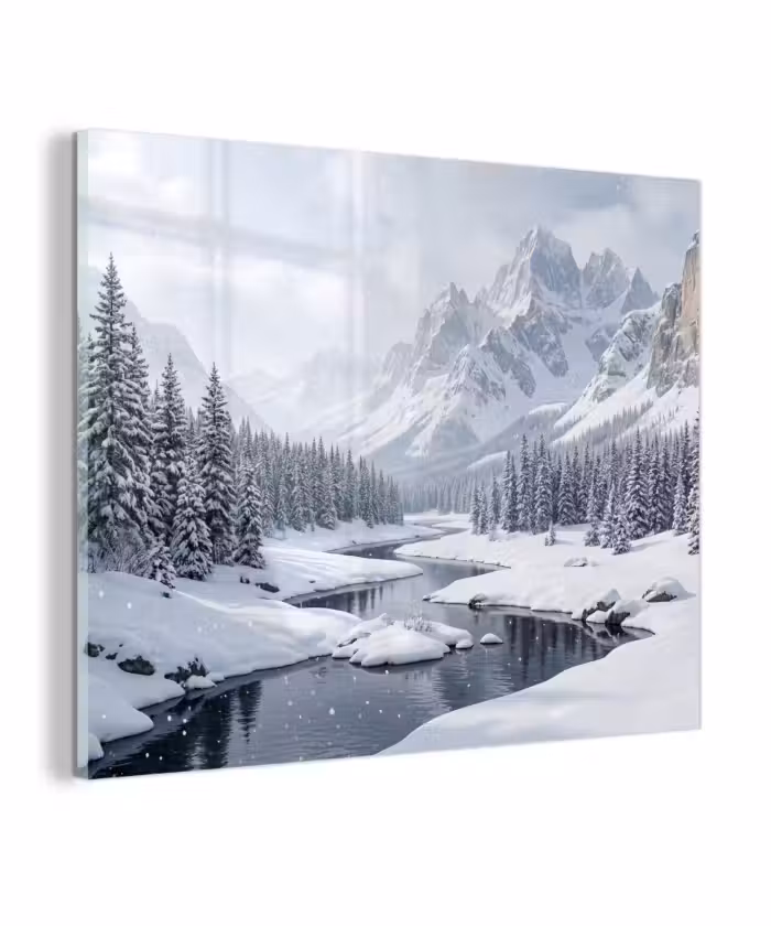 Glas schilderij - Sneeuwlandschap - Bergen - Rivier - Winter