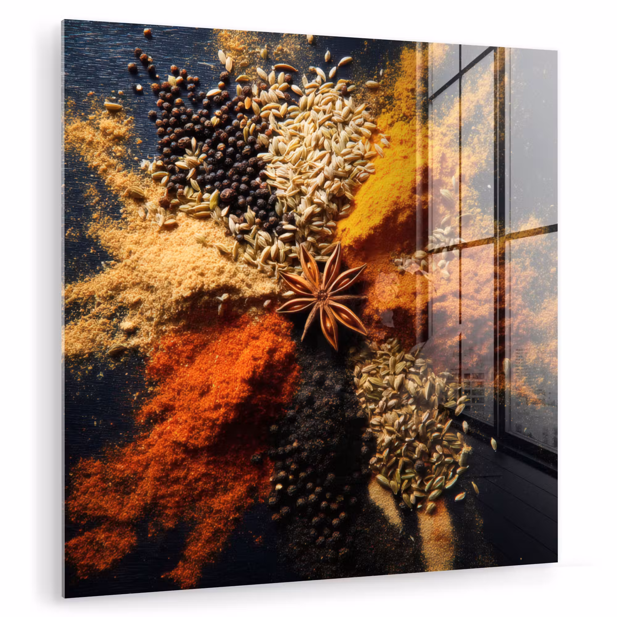 Glas schilderij - Specerijen - Explosie - Oranje