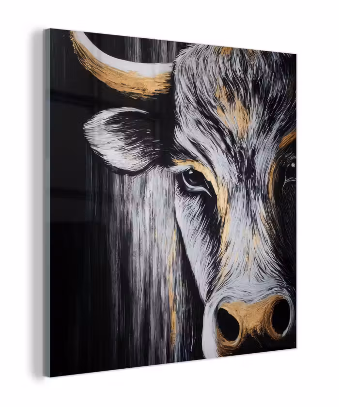 Glas schilderij - Stier - Hoorns - Snuit - Goud