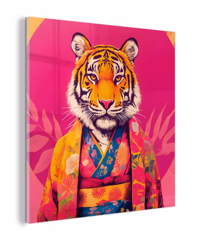 Glas schilderij - Tijger - Kimono - Planten - Roze